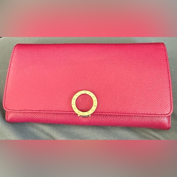 BVLGARI Handbags - Bvlgari Hot Pink Leather Wallet with Gold Emblem